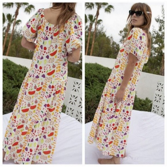 Lisa Says Gah Joni Farmers Market Fruit Food Print Maxi Dress Size Small - Picture 9 of 10